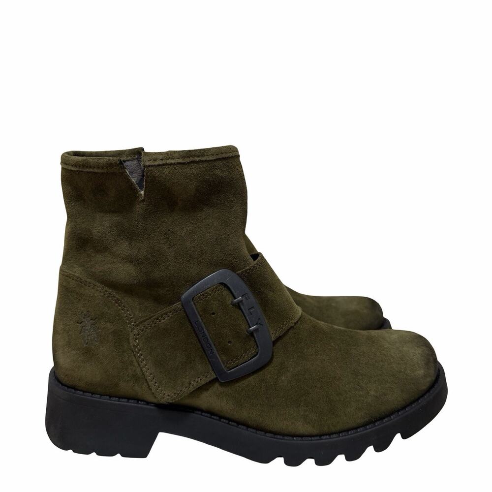 Fly London Rily Womens Suede Buckle Ankle Boots EU 39 US 8-8.5 Aspen Green NWOB